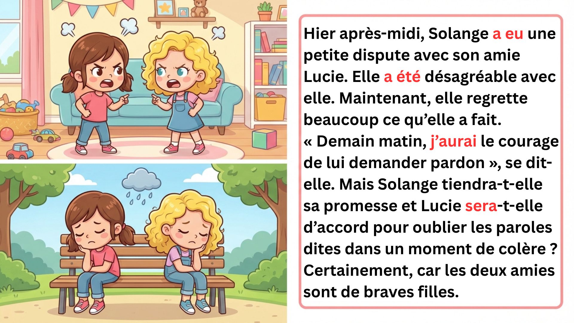 Hier après-midi, Solange a eu une petite dispute avec son amie Lucie. Elle a été désagréable avec elle. Demain matin, j'aurai le courage de lui demander pardon, se dit-elle. Lucie sera-t-elle d'accord pour oublier ?